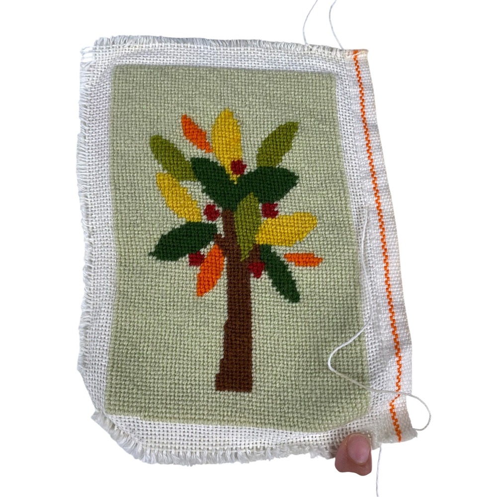 Vintage Handmade Needlepoint Fruit Tree Textile Art Sage Green 6.5x8.5 Folk Art